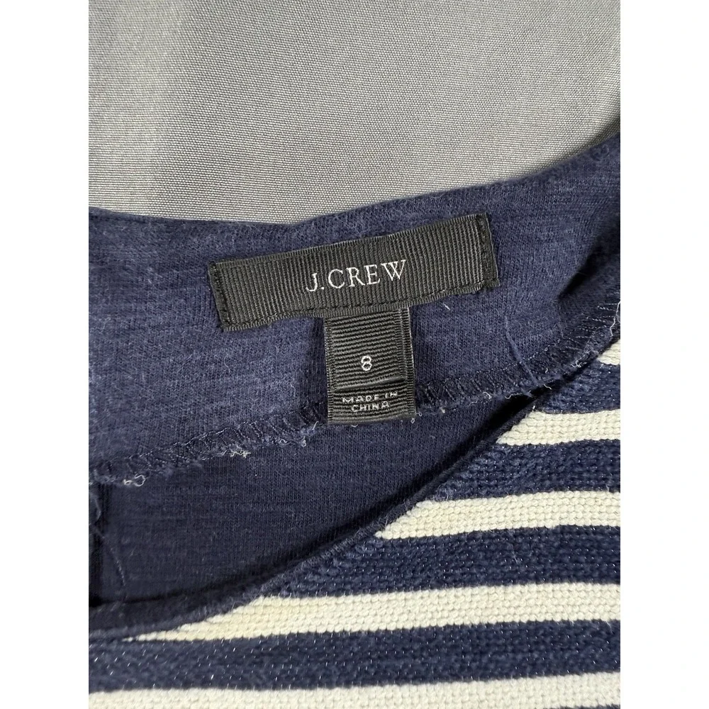 J. Crew Women's Size 8 Navy Blue Stripe Shift Dress Short Sleeve‎ Cotton Blend